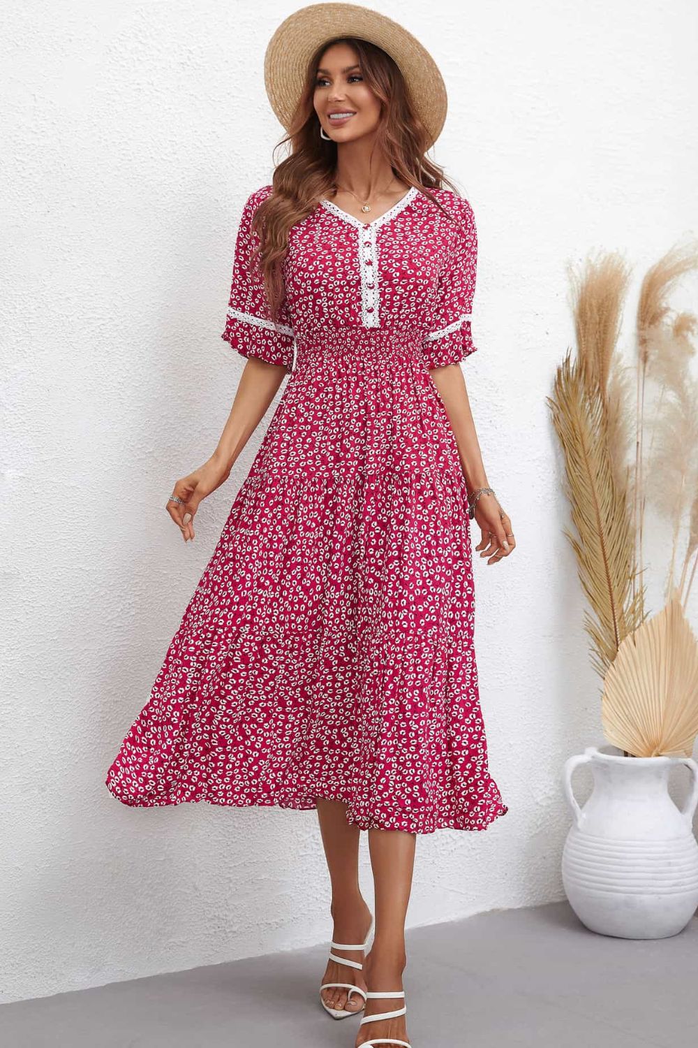 Floral V-Neck Smocked Waist Midi Dress | A-Line Printed Casual Half Sleeve Dress