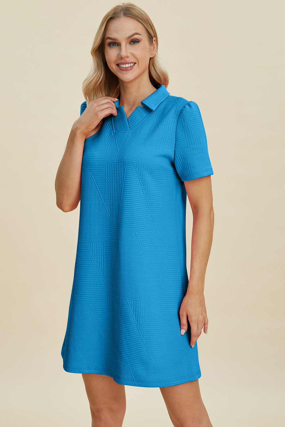 Double Take Full Size Texture Short Sleeve Dress | Casual Mini Collar Neck Dress