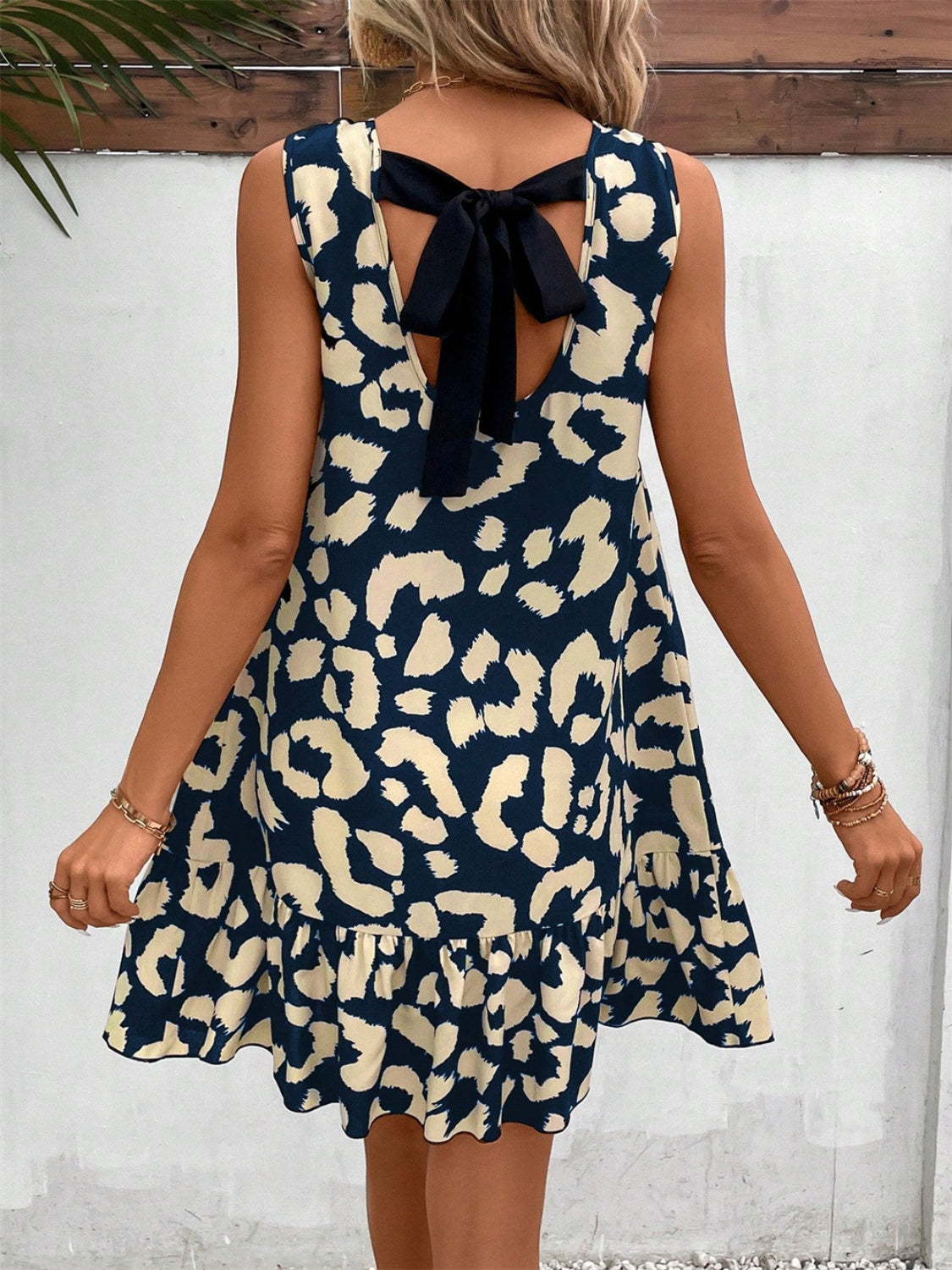 Tied Leopard Round Neck Tank Dress | Casual Sleeveless Mini polyester Dress