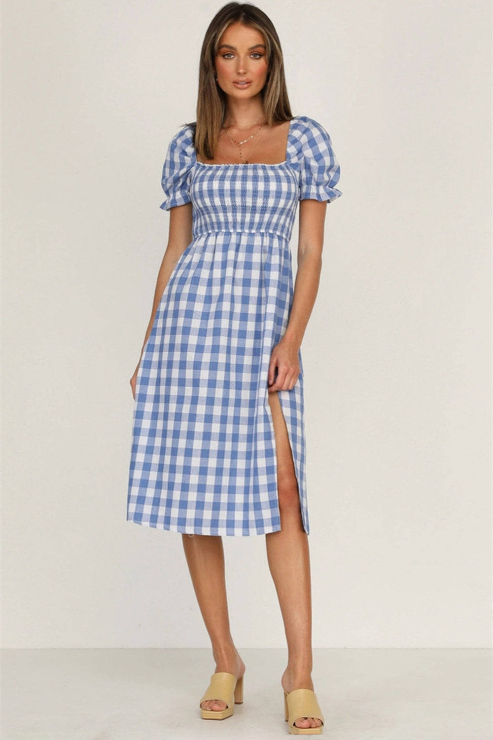 Full Size Slit Plaid Short Sleeve Midi Dress | A-Line Midi Smocked Dress