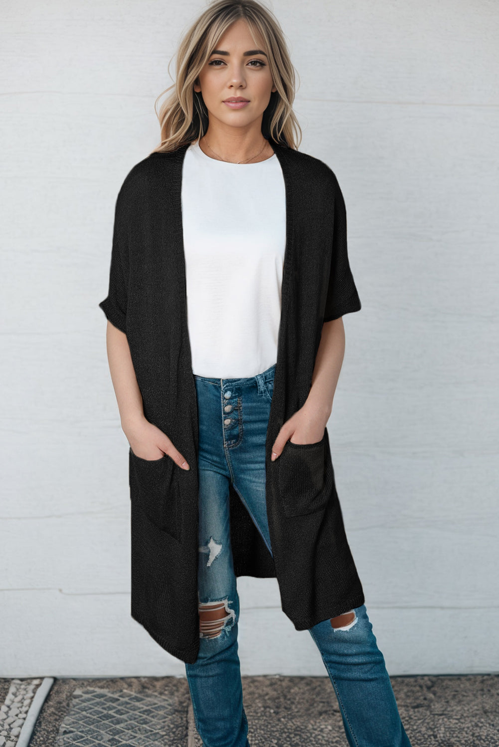 Open Front Sweater Cardigan with Pockets | Casual Solid Acrylic Cardigan