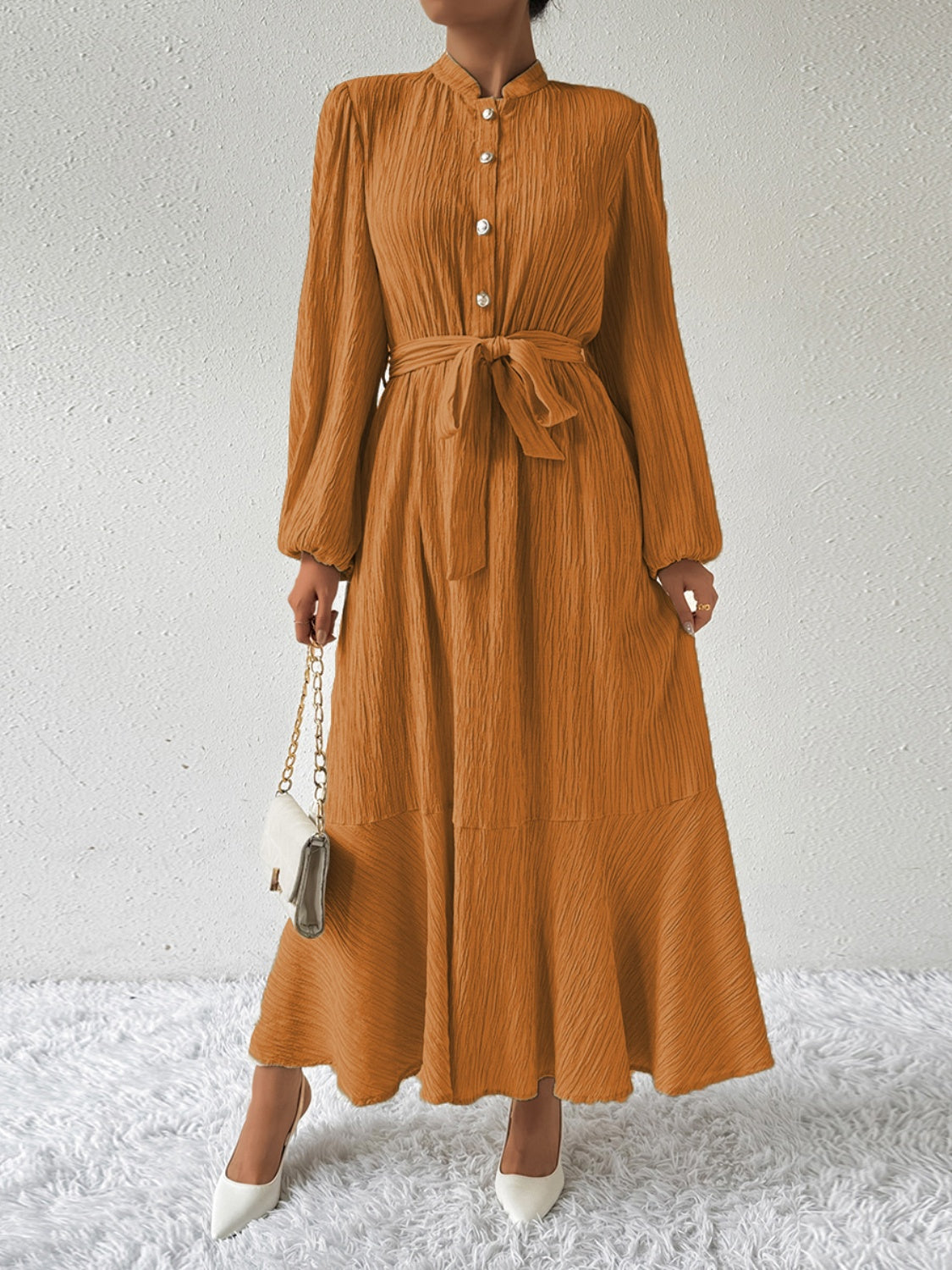 Tie Waist Long Sleeve Dress | A-Line Maxi Solid Buttoned Textured Dress