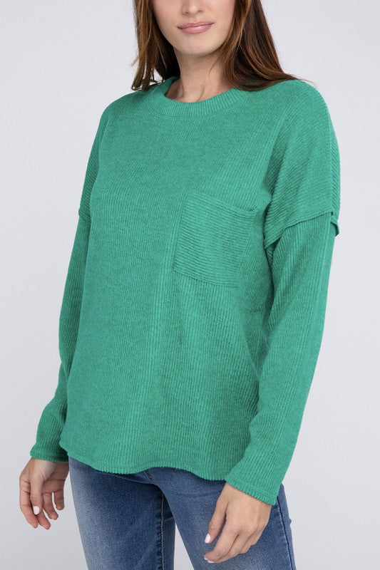 Ribbed Brushed Melange Hacci Sweater with a Pocket | Oversized Casual Sweater