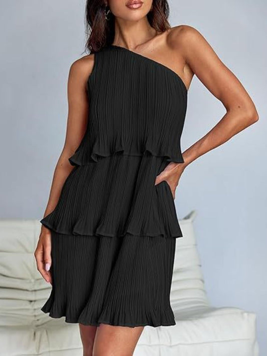 Layered Single Shoulder Mini Dress | Mini Sleeveless Dress W/ Asymmetrical neck