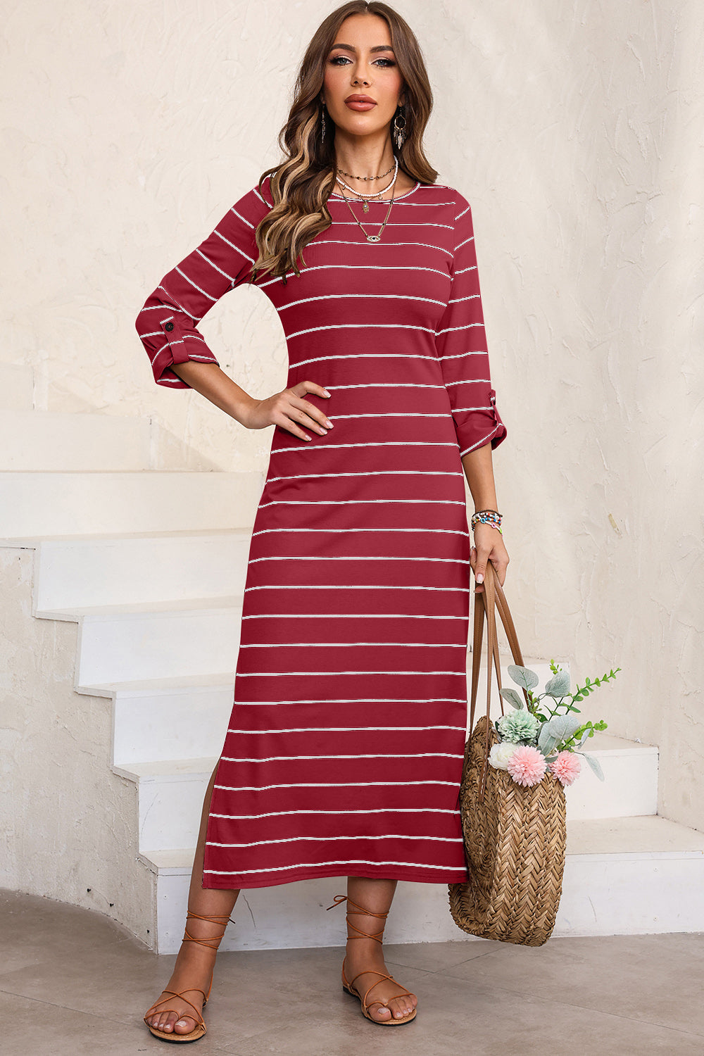 Slit Striped Round Neck Midi Dress | Casual 3\4 Sleeves Polyester Stretchy Dress