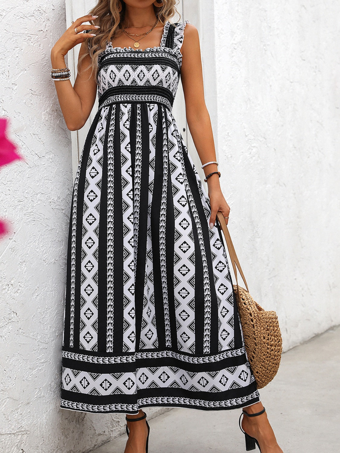 Printed Square Neck Wide Strap Cami Dress | Casual Sleeveless A-line Dress