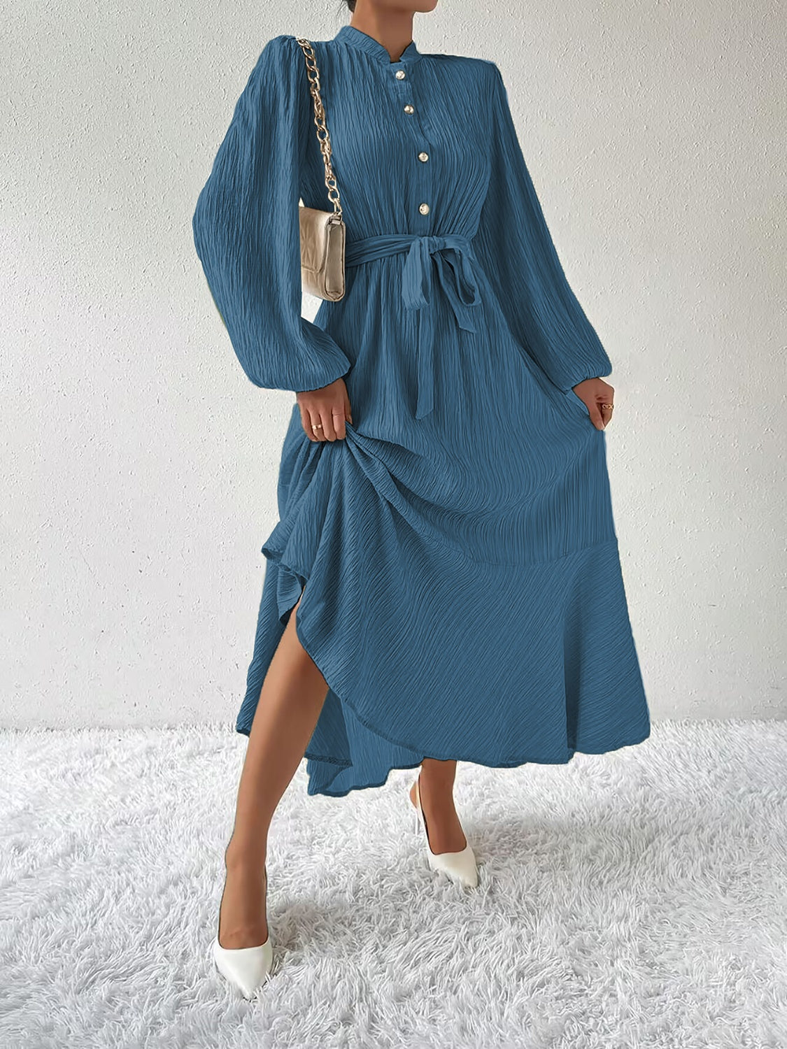 Tie Waist Long Sleeve Dress | A-Line Maxi Solid Buttoned Textured Dress