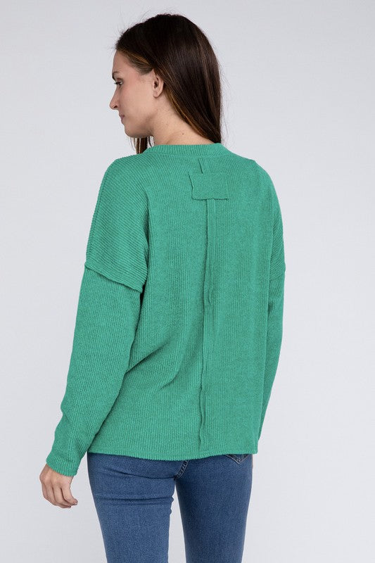 Ribbed Brushed Melange Hacci Sweater with a Pocket | Oversized Casual Sweater