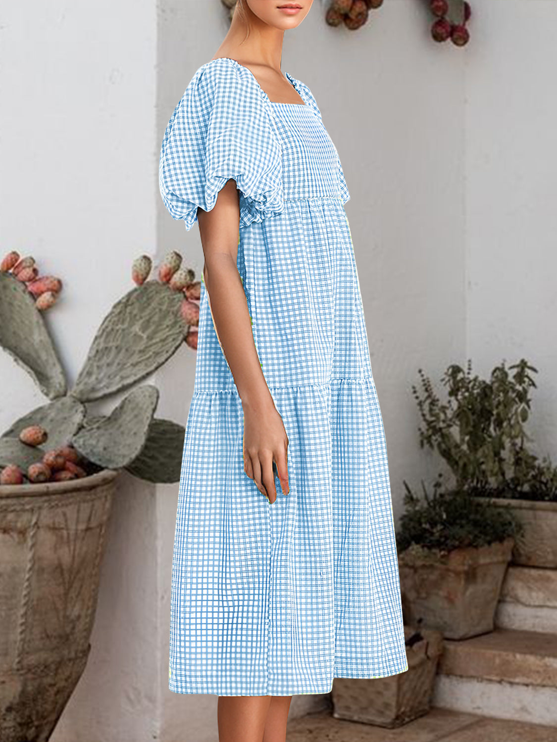 Plaid Square Neck Short Sleeve Dress | Casual Midi Polyester Tied Dress