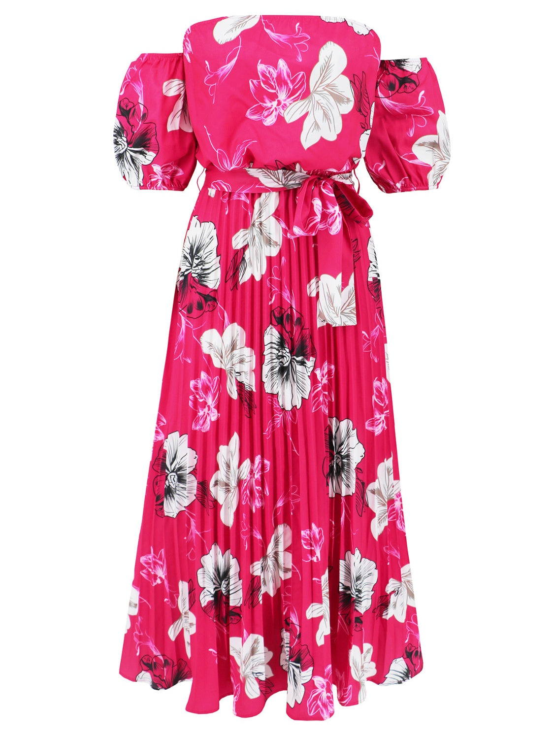 Pleated Floral Off-Shoulder Short Sleeve Midi Dress | A-Line Pleated Dress