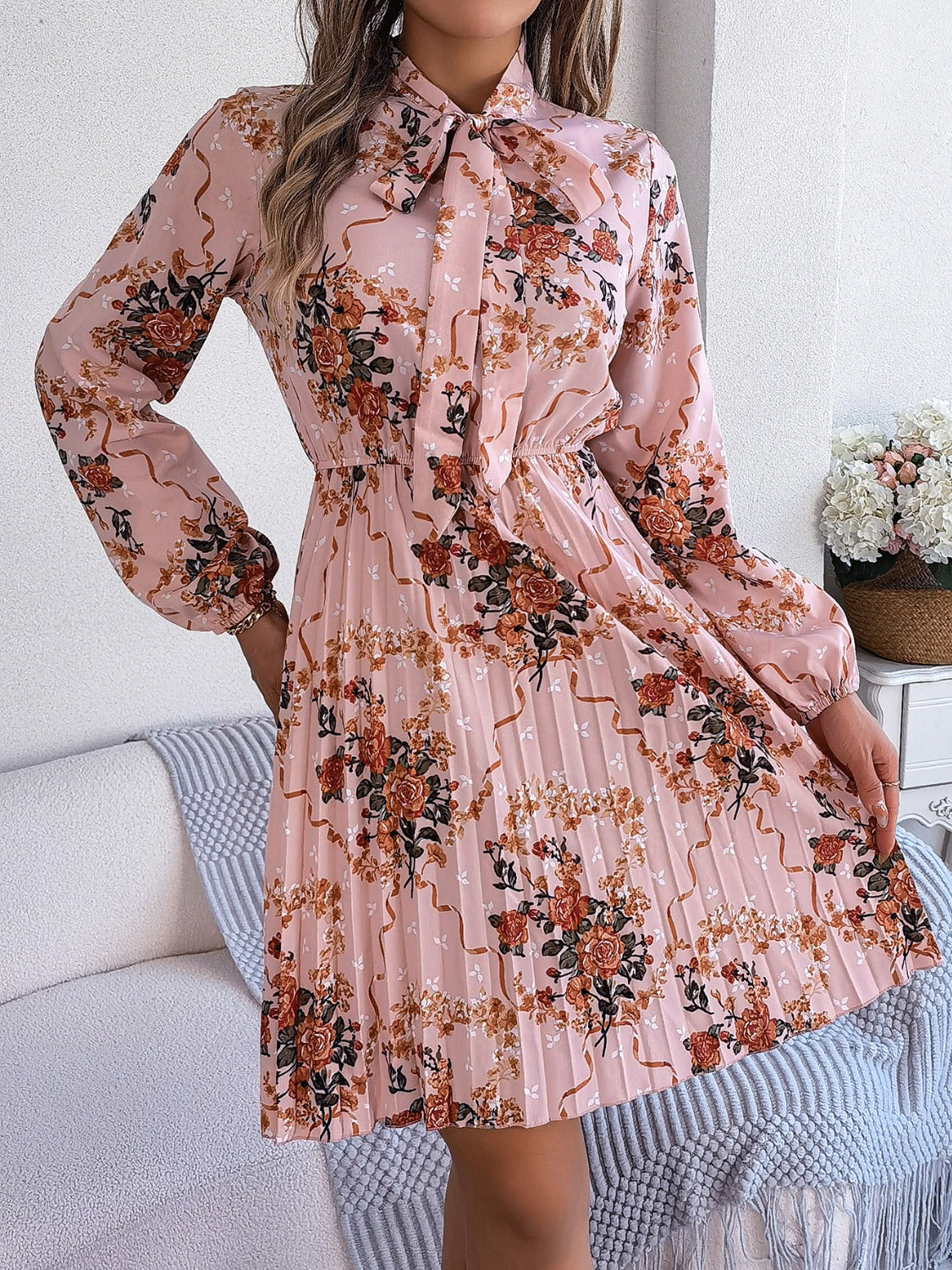 Pleated Printed Tie Neck Long Sleeve Dress | Casual Mini A-Line Floral Dress