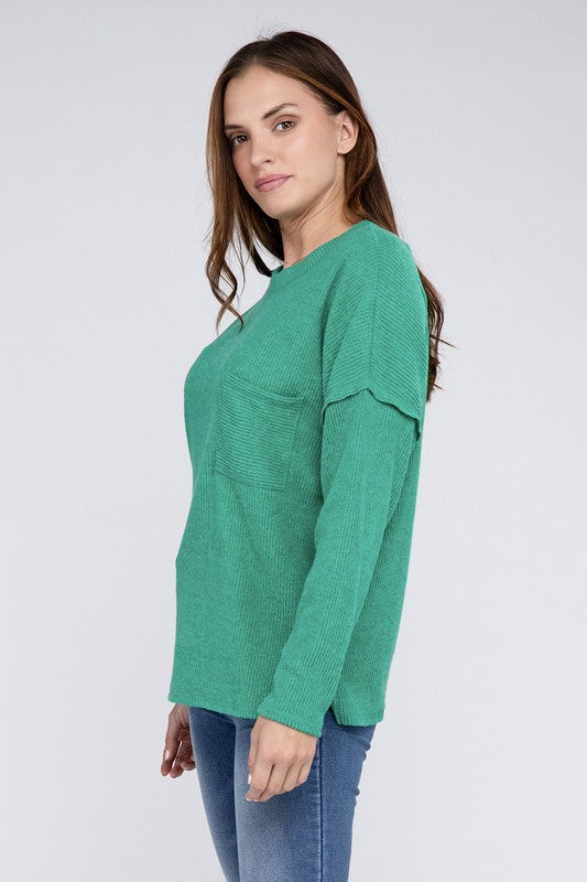 Ribbed Brushed Melange Hacci Sweater with a Pocket | Oversized Casual Sweater