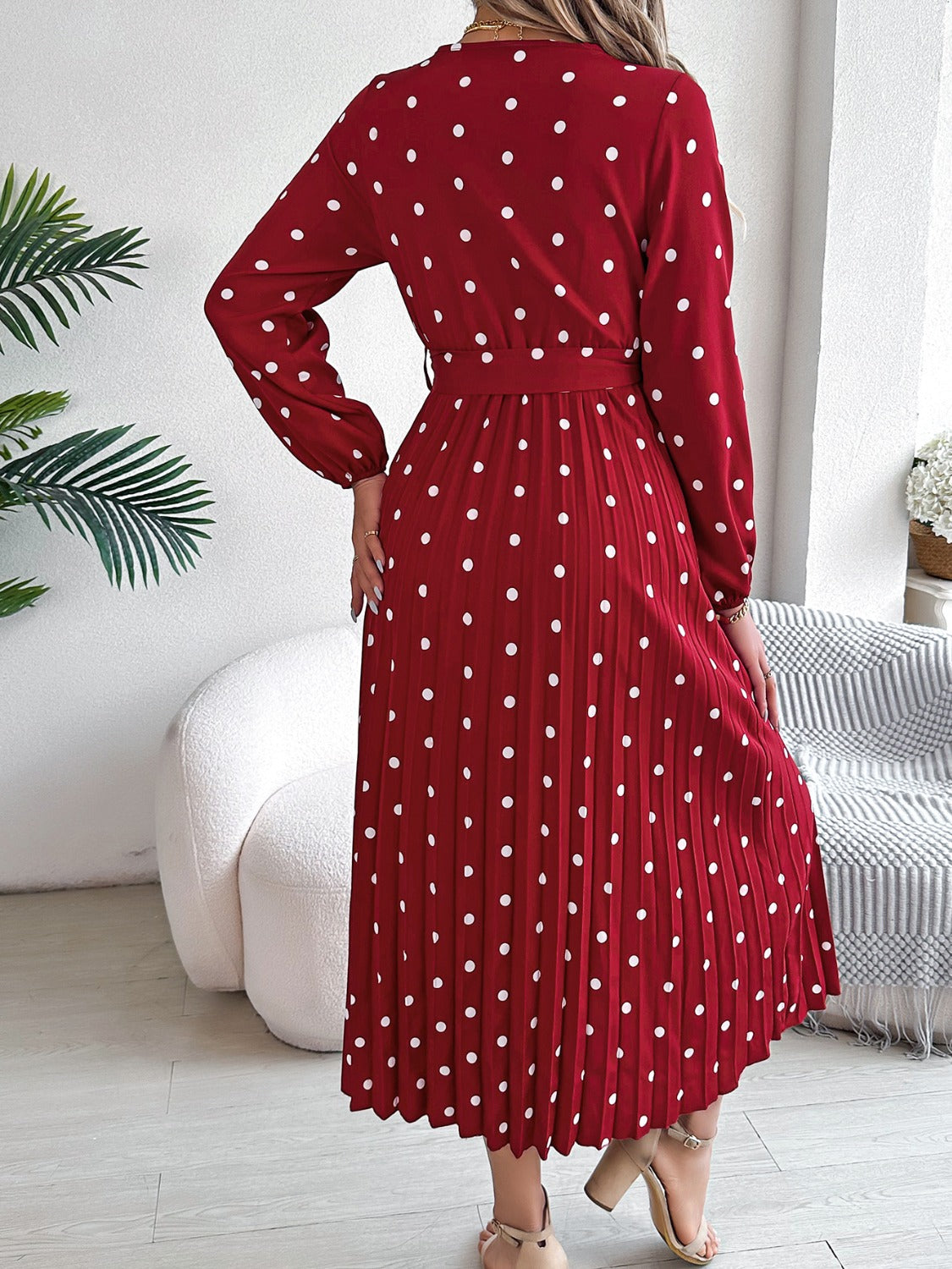 Tied Polka Dot Long Sleeve Midi Dress | Casual A-Line polyester Pleated Dress