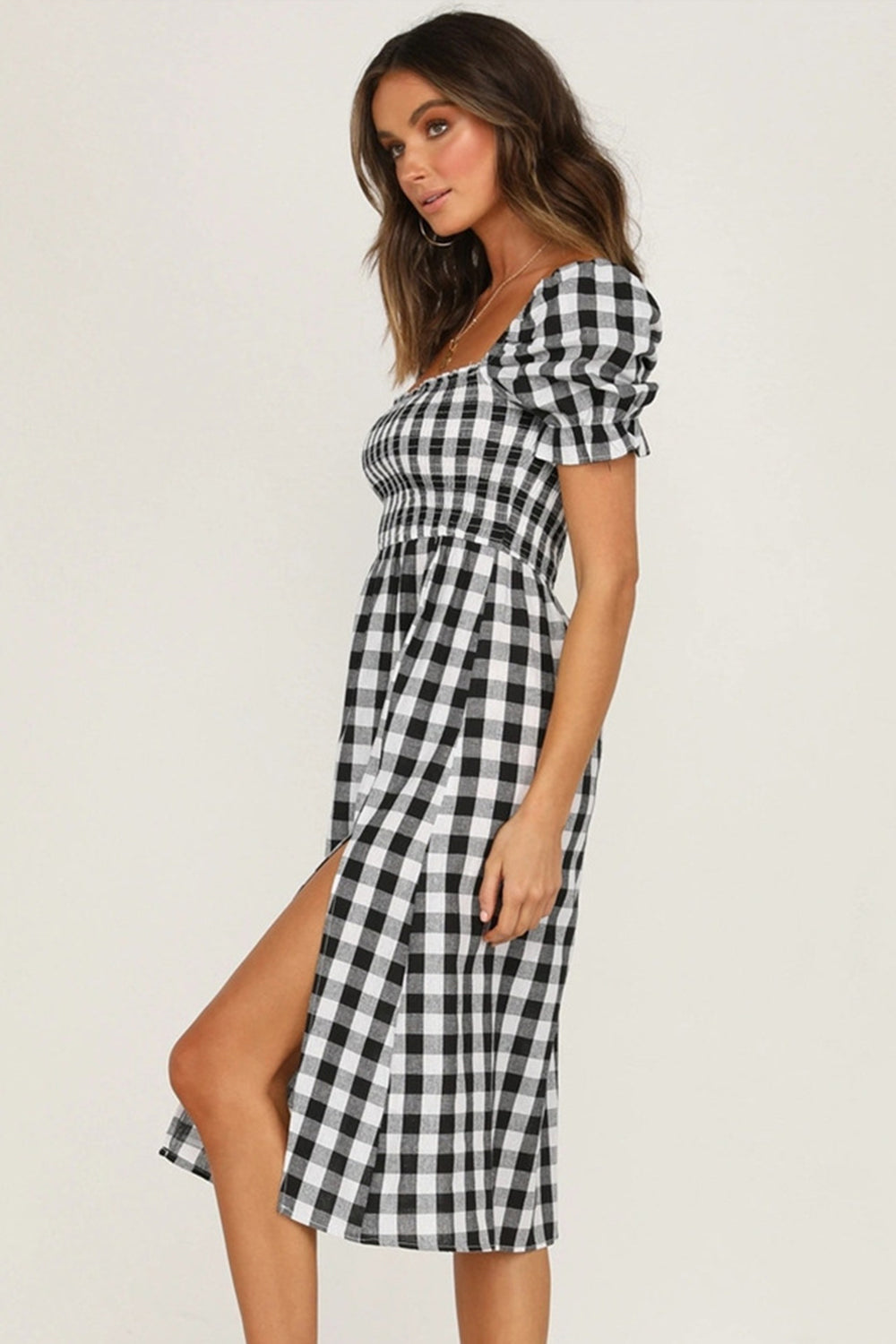 Full Size Slit Plaid Short Sleeve Midi Dress | A-Line Midi Smocked Dress