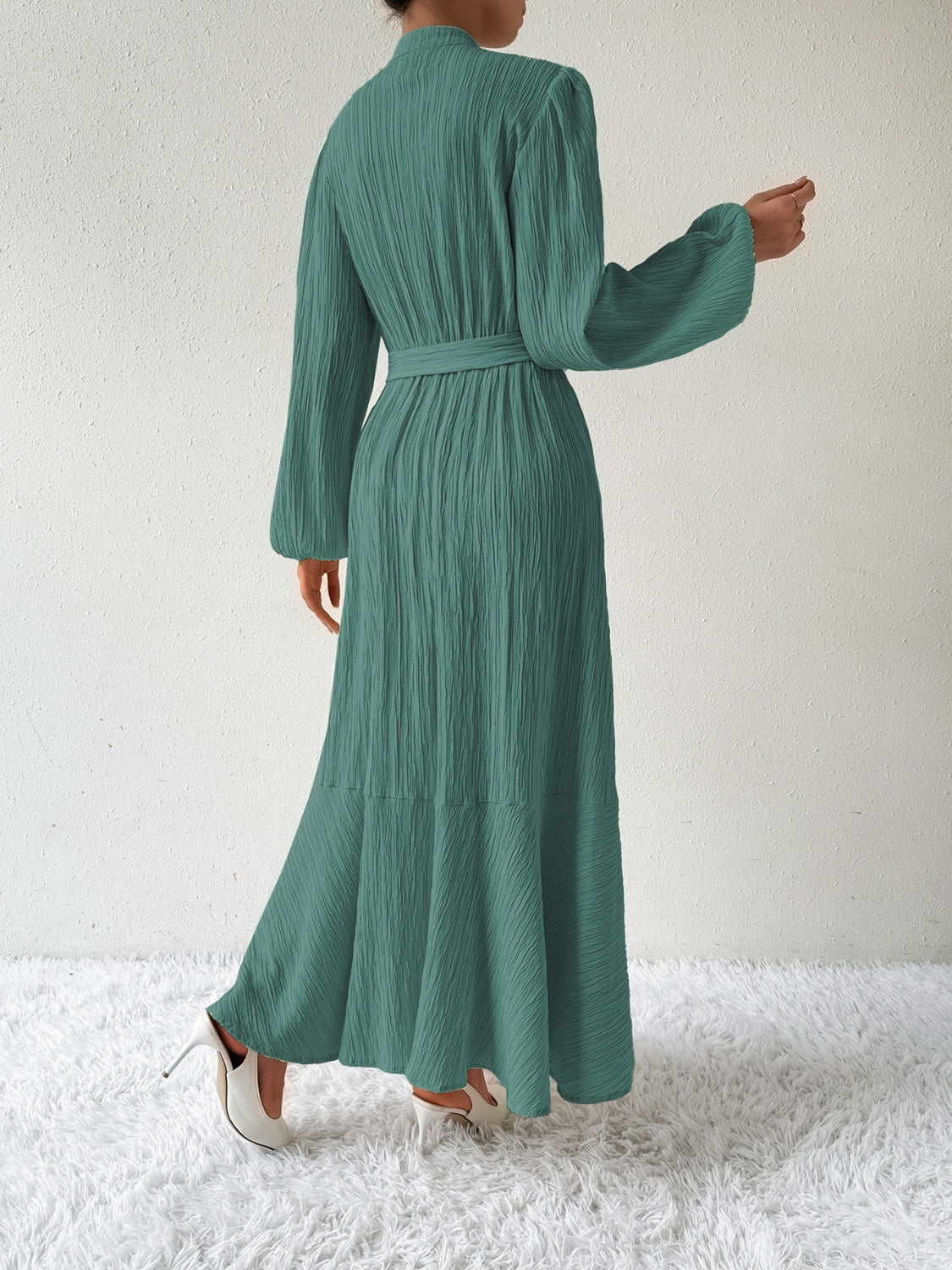 Tie Waist Long Sleeve Dress | A-Line Maxi Solid Buttoned Textured Dress