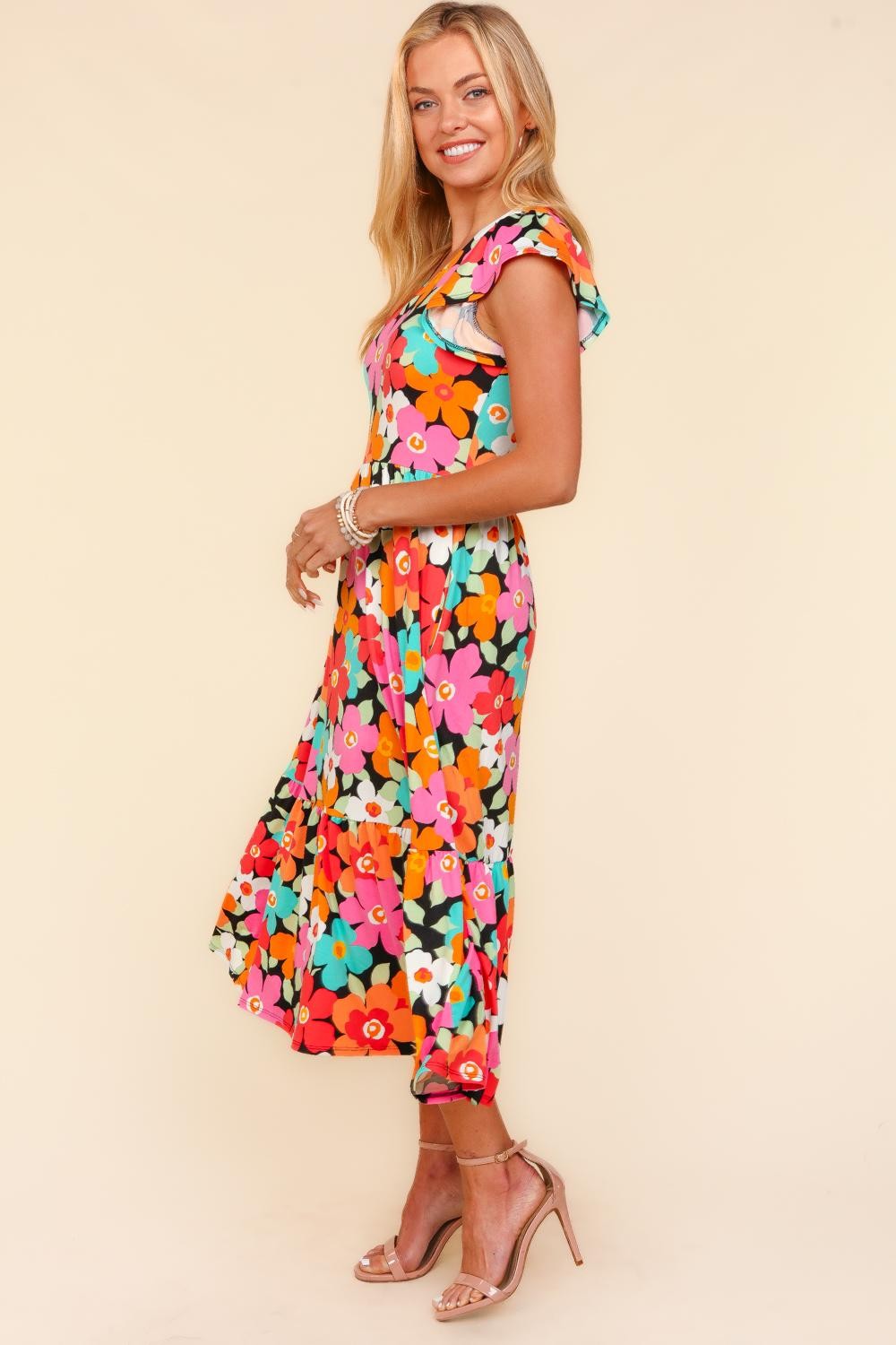 Haptics Floral Midi Dress with Side Pockets | Casual A-Line Ruched Dress