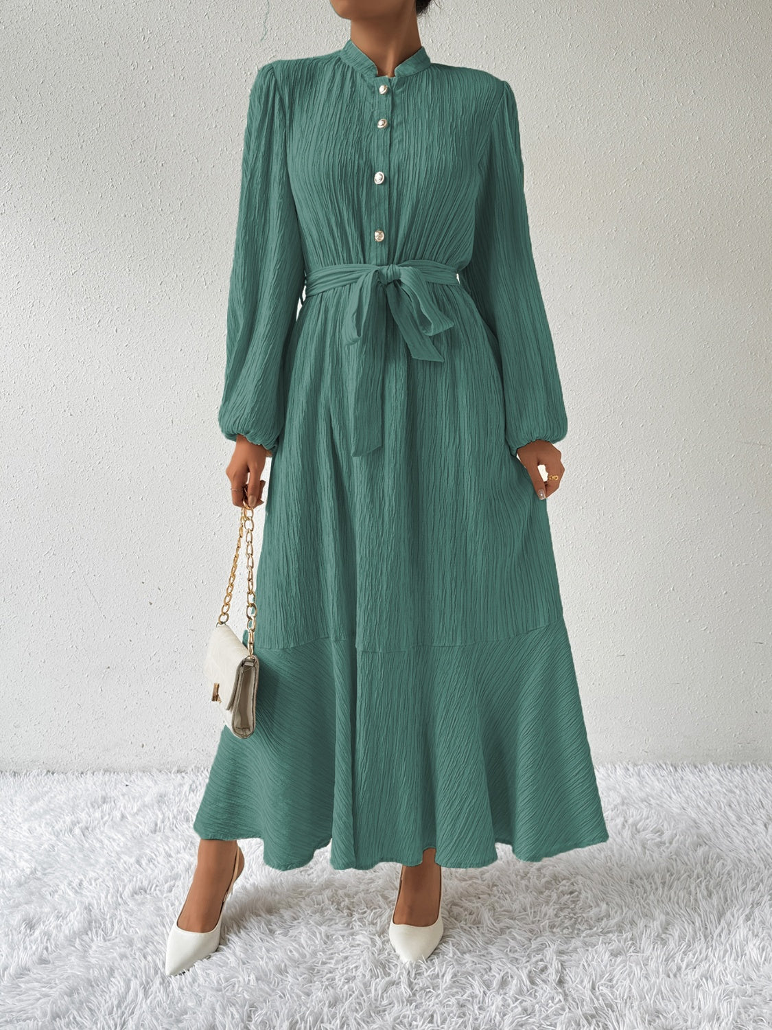 Tie Waist Long Sleeve Dress | A-Line Maxi Solid Buttoned Textured Dress