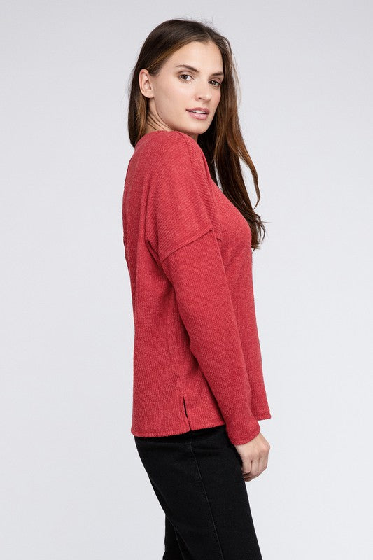 Ribbed Brushed Melange Hacci Sweater with a Pocket | Oversized Casual Sweater