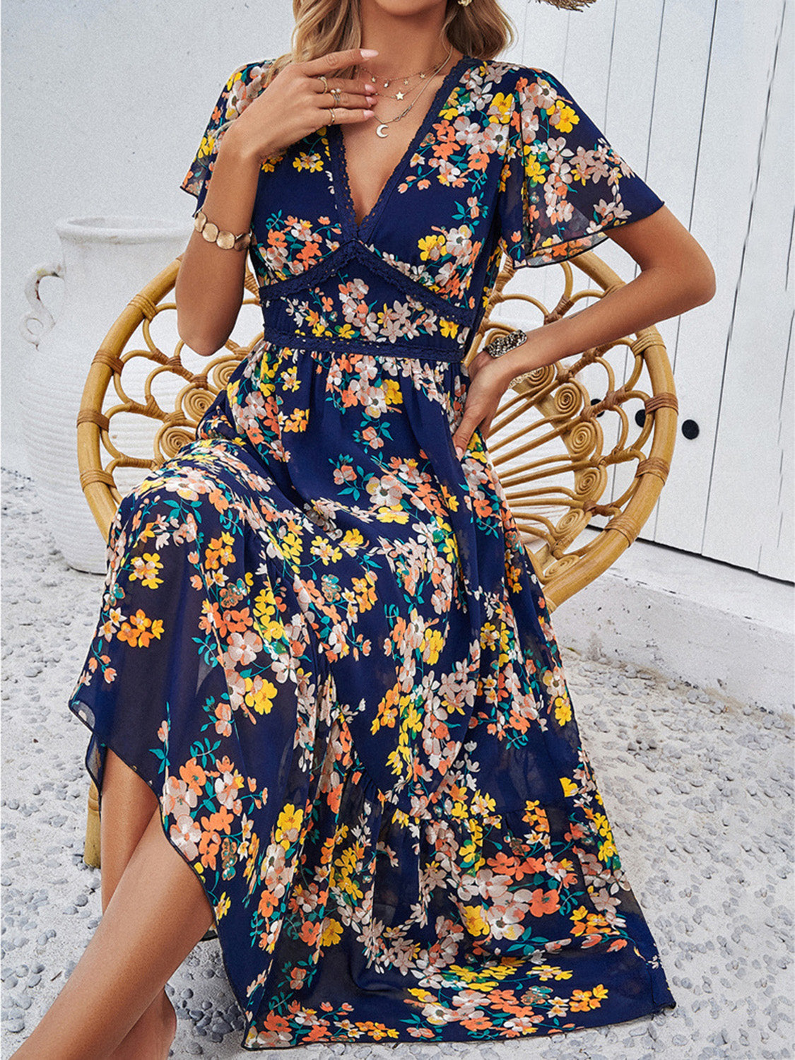 Printed V-Neck Flutter Sleeve Midi Dress | A-Line Floral Lined Ruched Dress