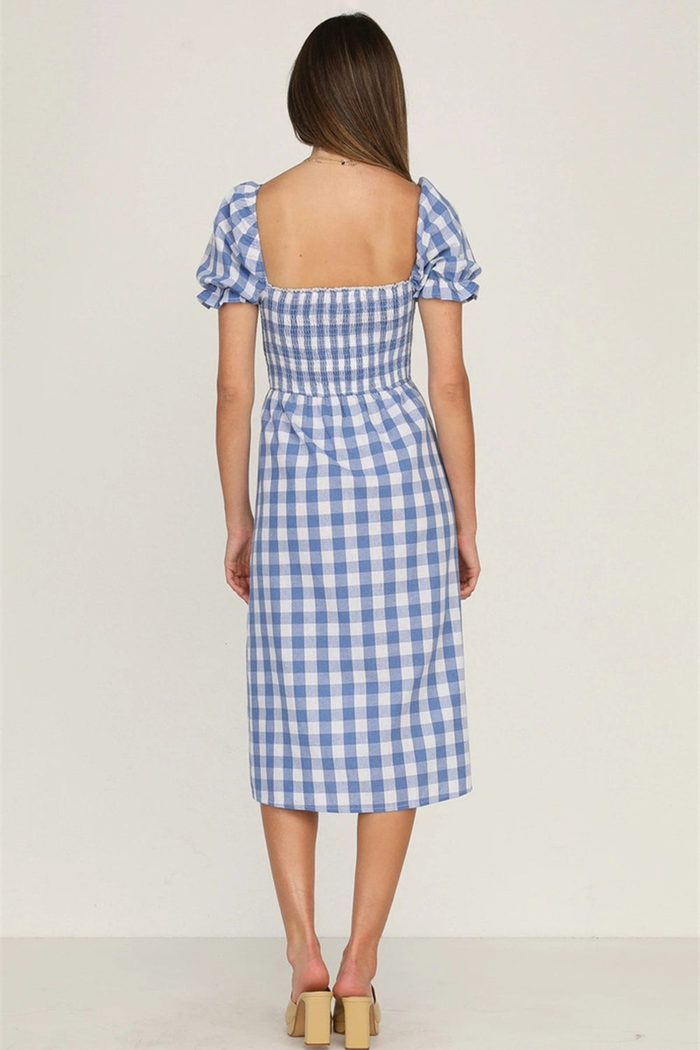 Full Size Slit Plaid Short Sleeve Midi Dress | A-Line Midi Smocked Dress