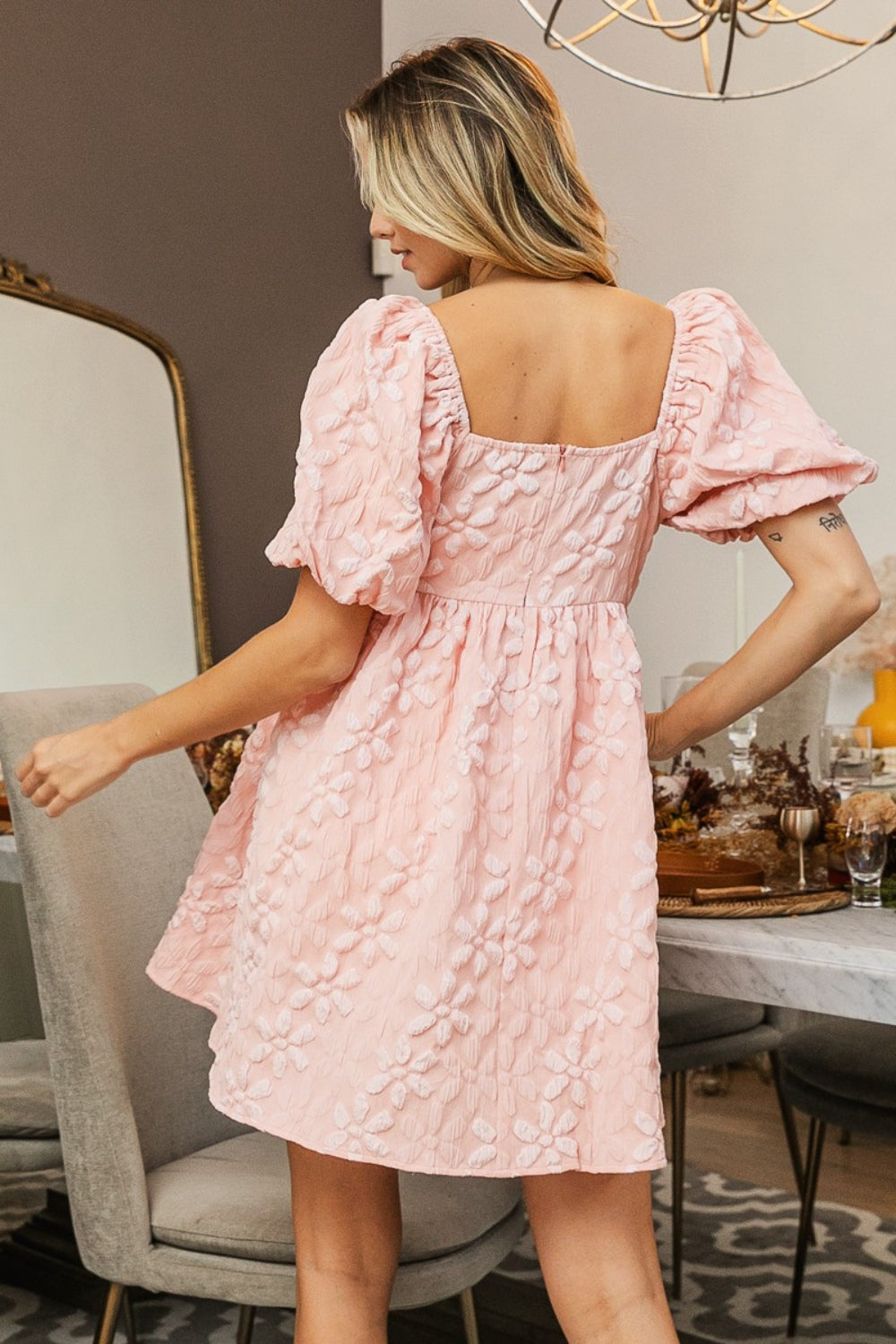 BiBi Flower Square Neck Puff Sleeve Dress | Casual Mini A-Line Polyester Dress