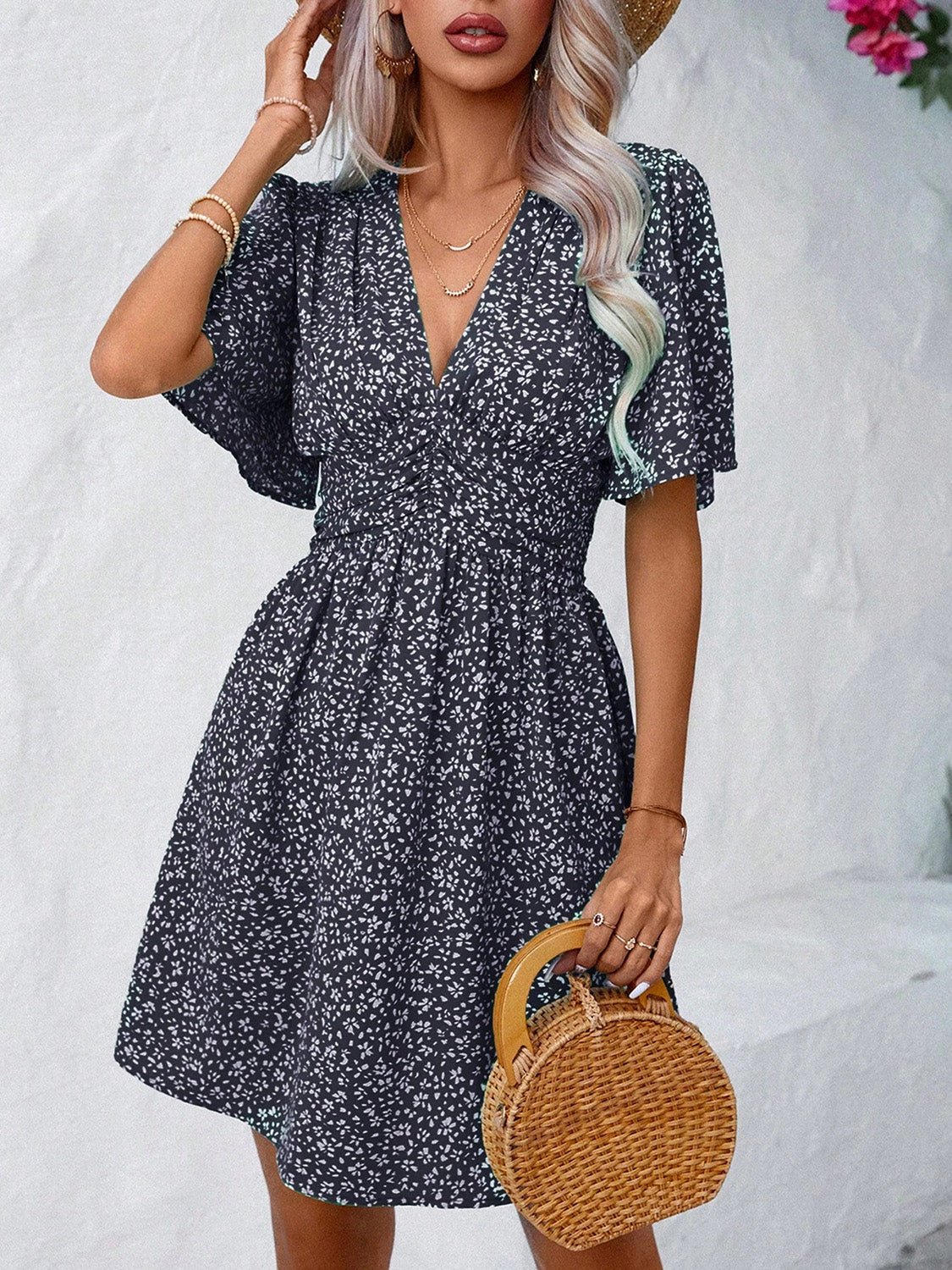 Printed V-Neck Half Sleeve Mini Dress | A-Line Floral Polyester Dress W/ V-Neck