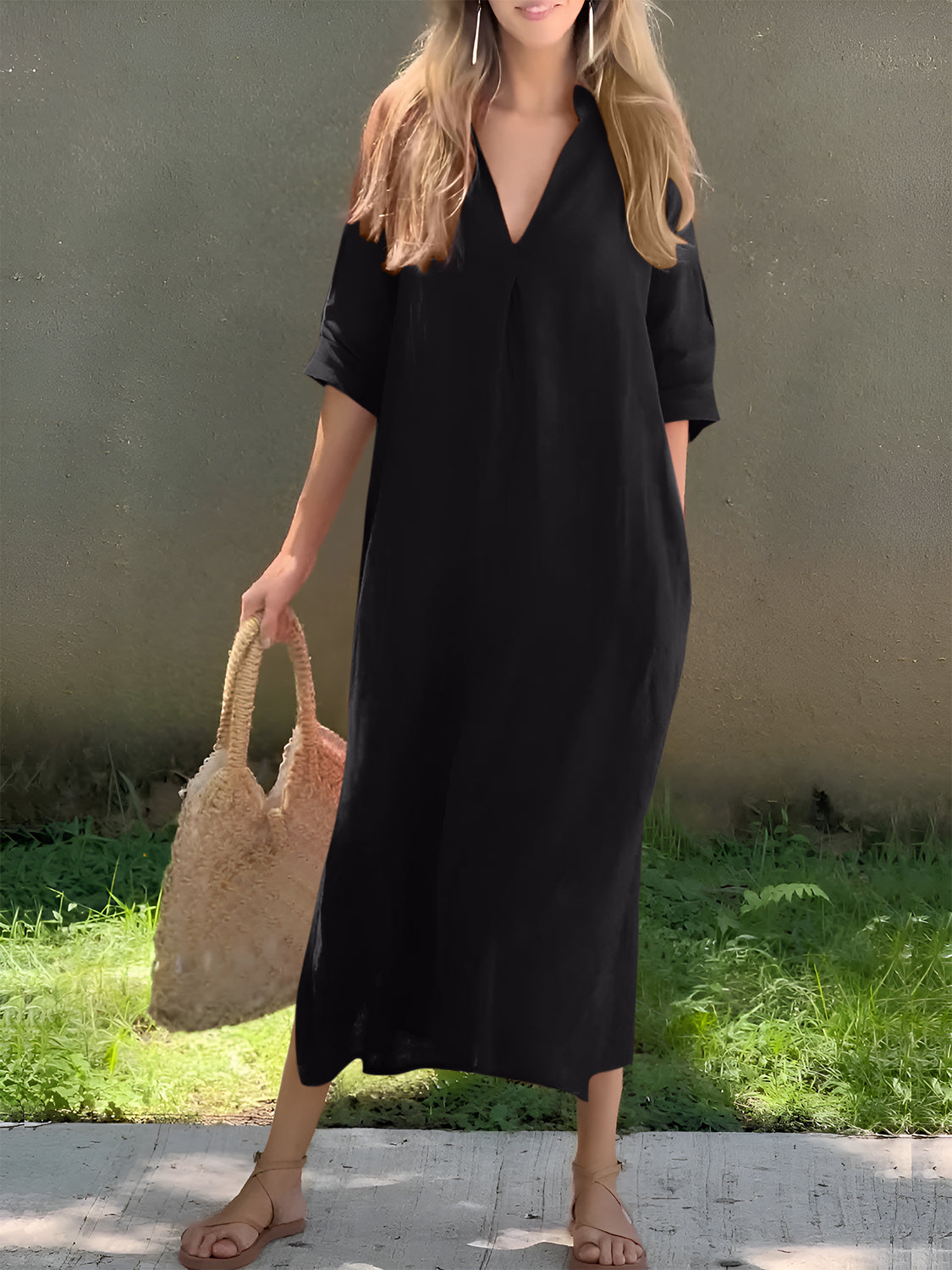 Full Size Notched Half Sleeve Midi Dress | Casual Polyester Dress W/ V-neck