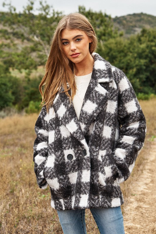 Fuzzy Boucle Textured Double Breasted Coat Jacket | Plaid Pocketed Jacket