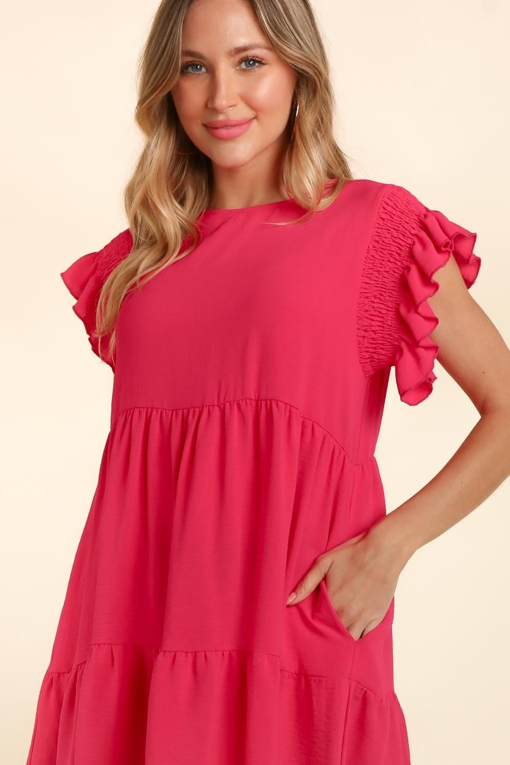 Haptics Full Size Smocking Ruffle Short Sleeve Dress with Pockets | Solid Dress