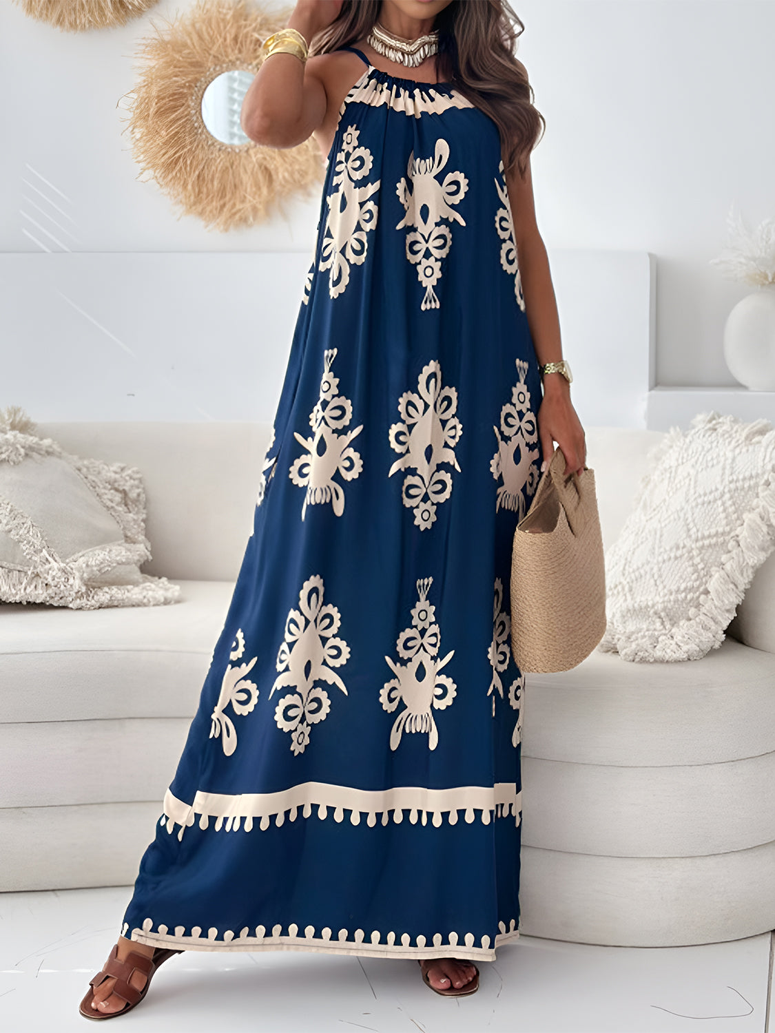 Printed Spaghetti Strap Sleeveless Maxi Dress | Sleeveless Grecian Neck Dress