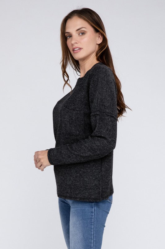 Ribbed Brushed Melange Hacci Sweater with a Pocket | Oversized Casual Sweater