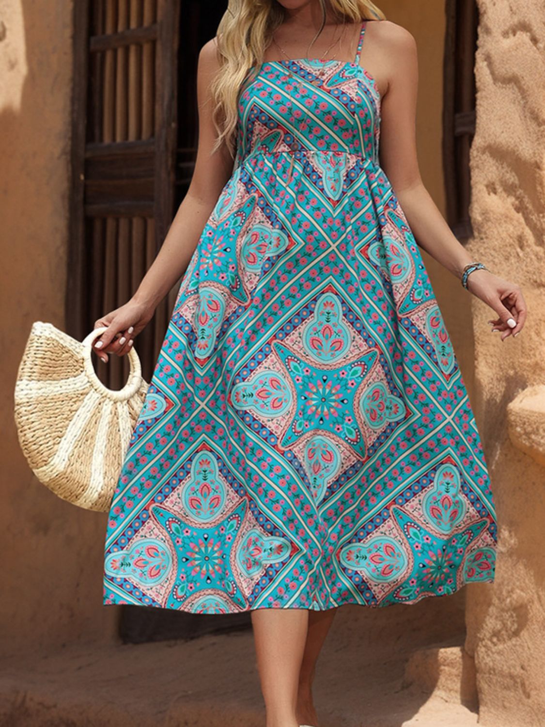 Printed Spaghetti Strap Midi Dress | Casual Sleeveless A-Line Polyester Dress