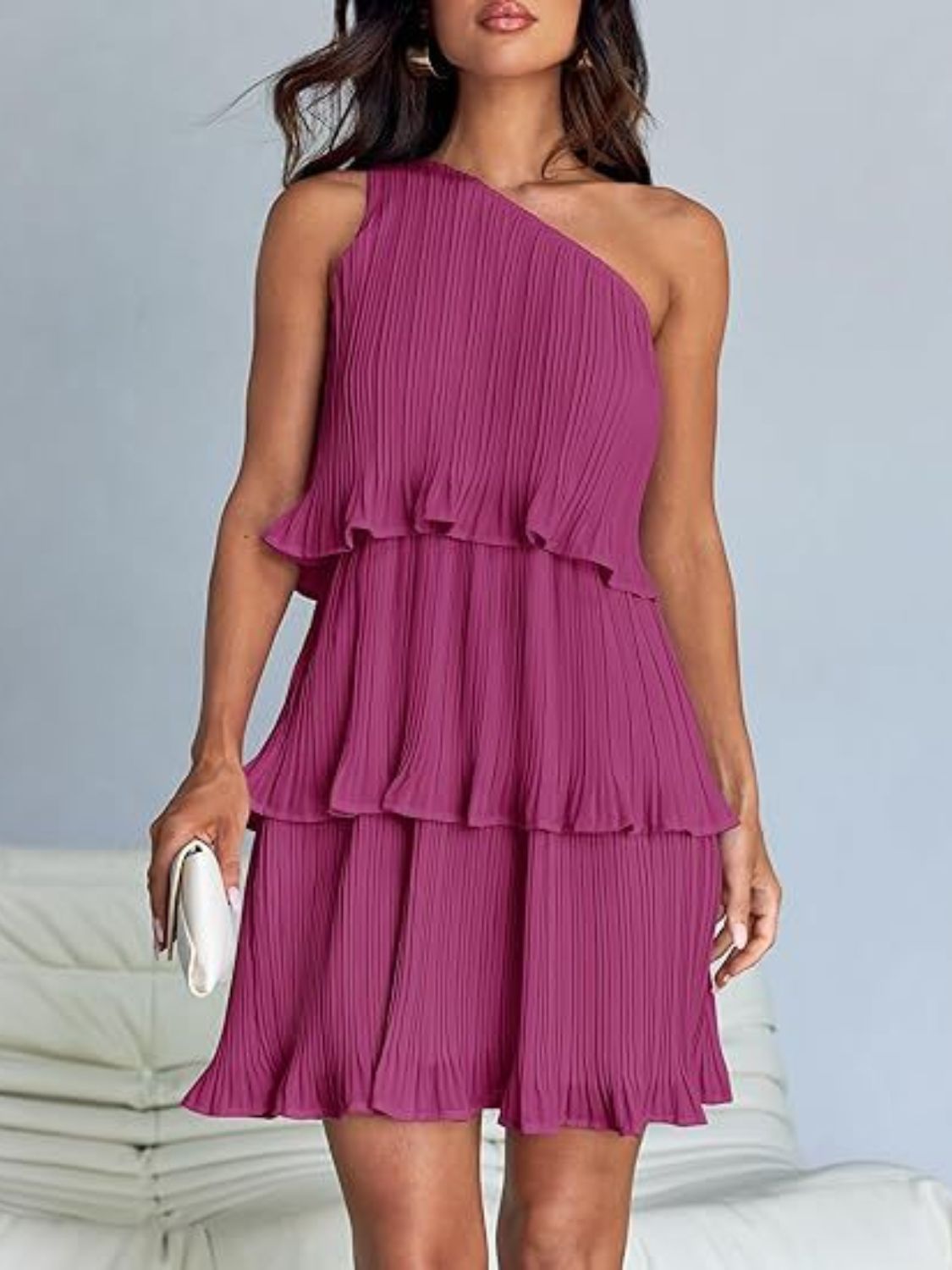 Layered Single Shoulder Mini Dress | Mini Sleeveless Dress W/ Asymmetrical neck