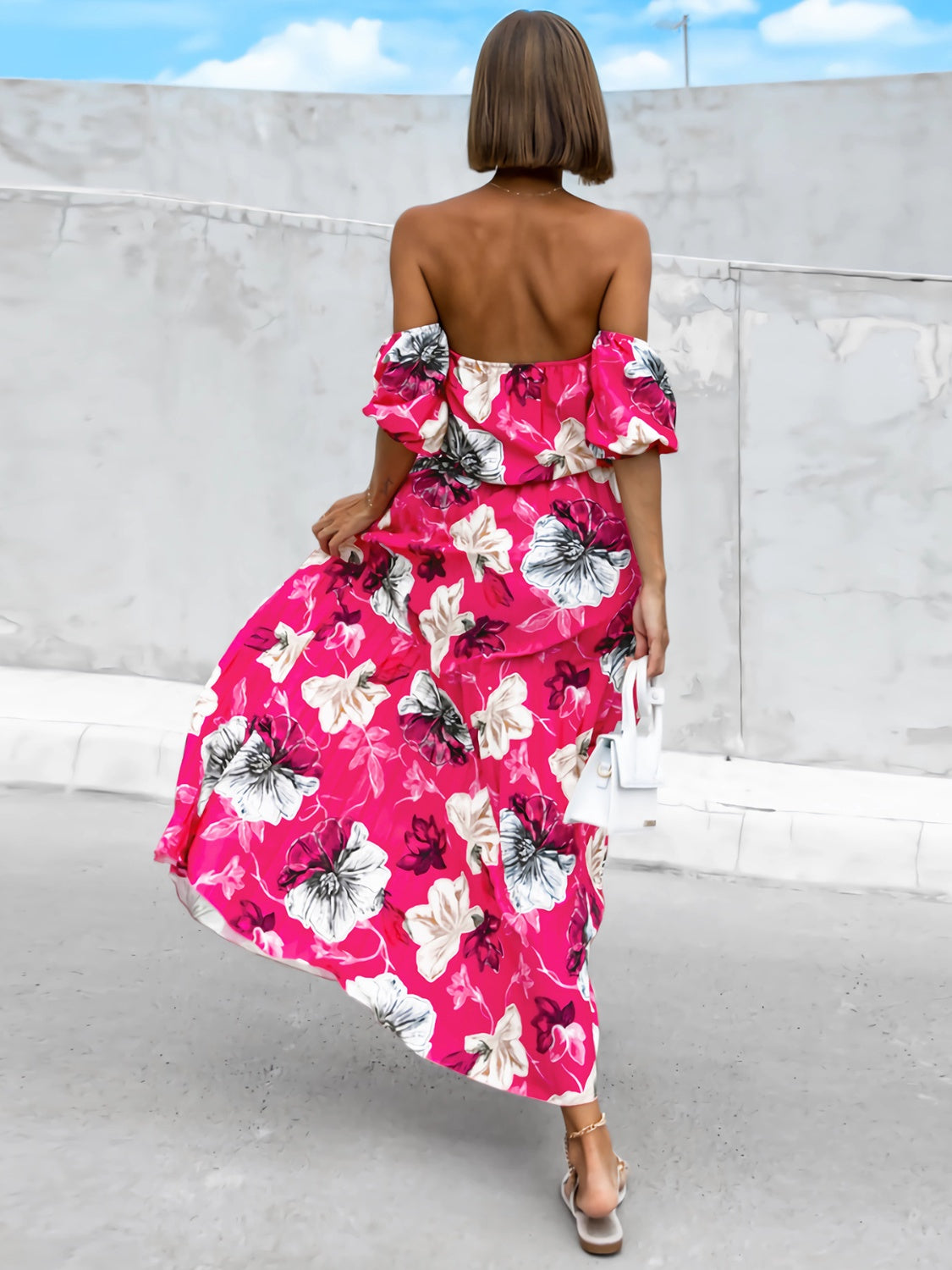 Pleated Floral Off-Shoulder Short Sleeve Midi Dress | A-Line Pleated Dress