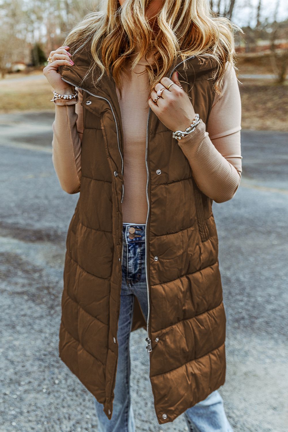 Longline Hooded Sleeveless Puffer Vest | Woman's Polyamide Vest With Pockets