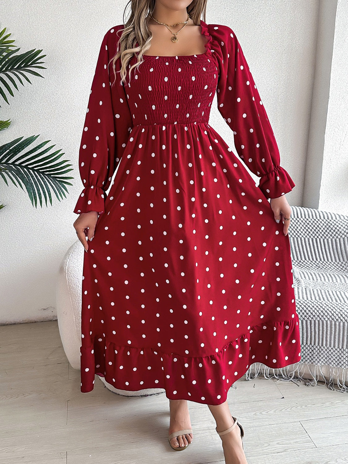 Polka Dot Flounce Sleeve Midi Dress | A-Line Polyester Ruffled Smocked Dress