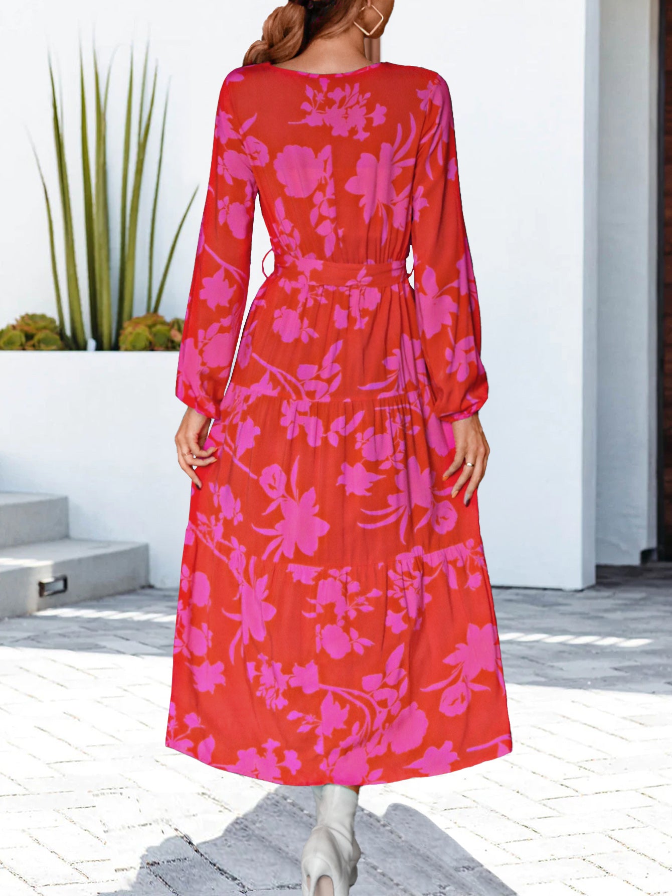 Floral V-Neck Long Sleeve Dress | A-Line Printed Belted Flounce Sleeve Dress