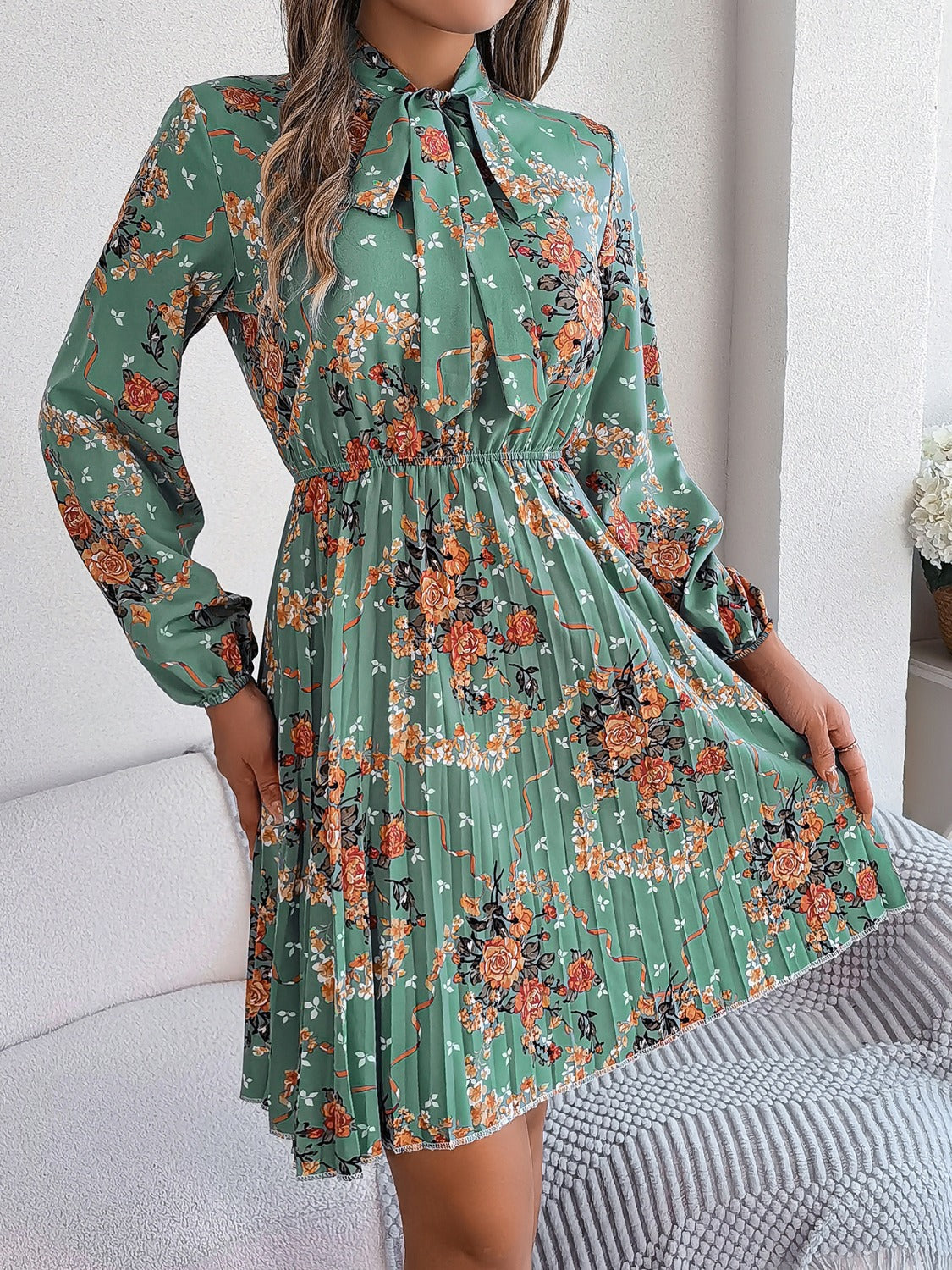 Pleated Printed Tie Neck Long Sleeve Dress | Casual Mini A-Line Floral Dress