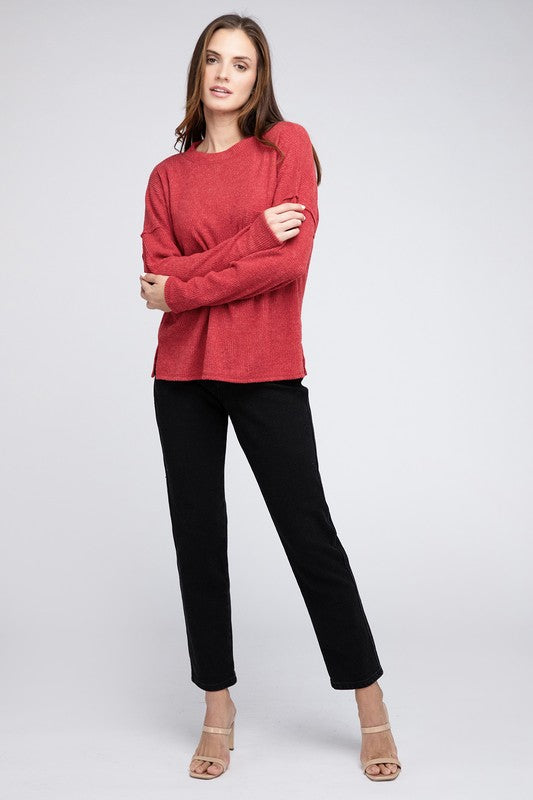 Ribbed Brushed Melange Hacci Sweater with a Pocket | Oversized Casual Sweater