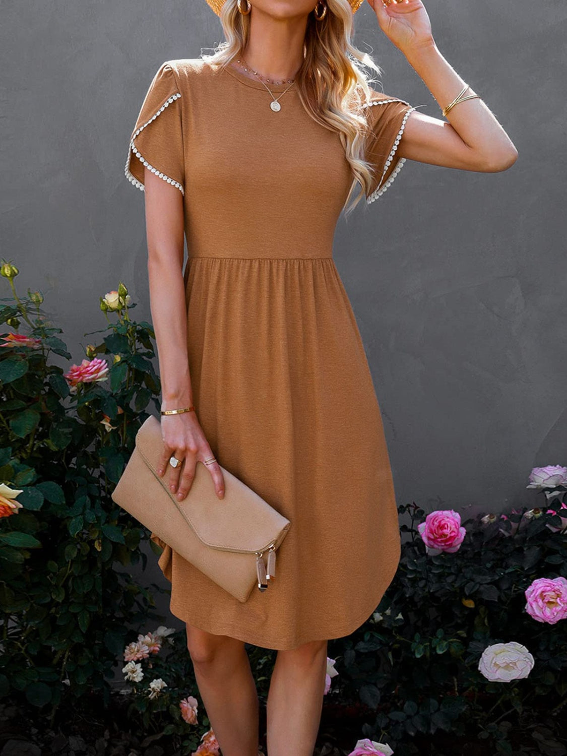 Round Neck Petal Sleeve Dress | Casual A-line Cotton Solid Dress W/ Round Hem