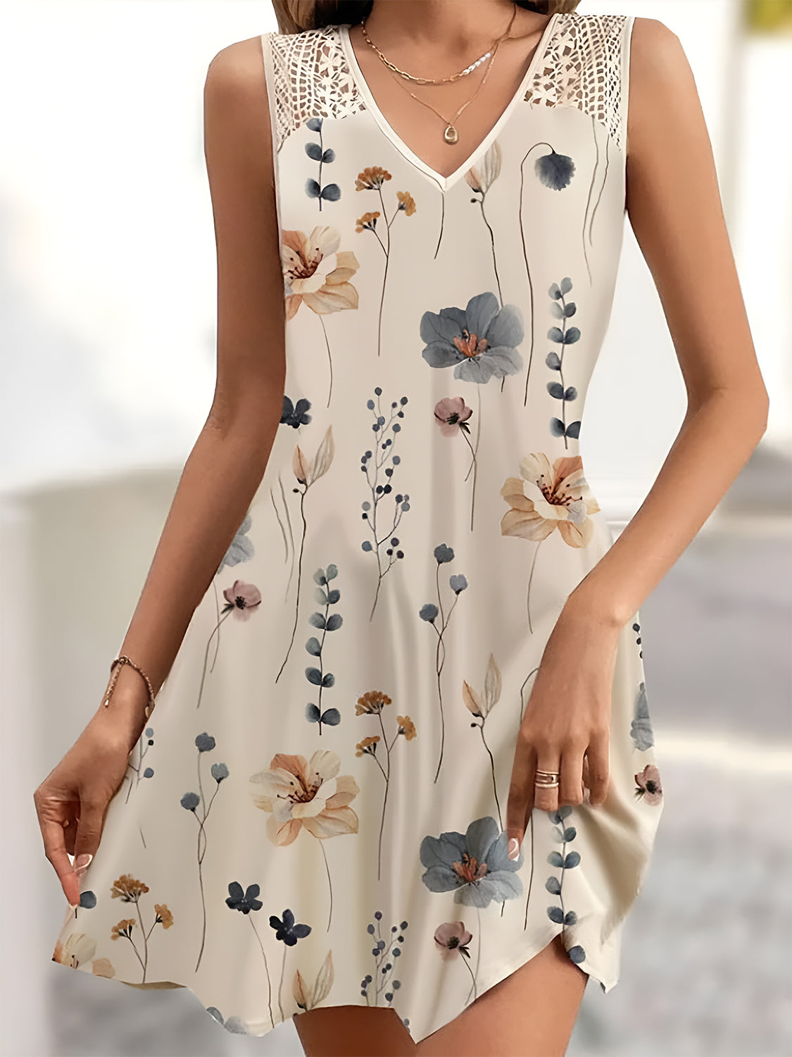 Printed V-Neck Sleeveless Mini Dress | Mini Sleeveless Polyester Floral Dress