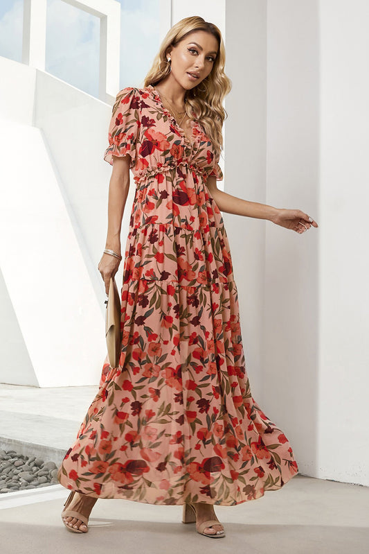 Floral V-Neck Short Flounce Sleeve Dress | Formal A-line Polyester Classy Dress