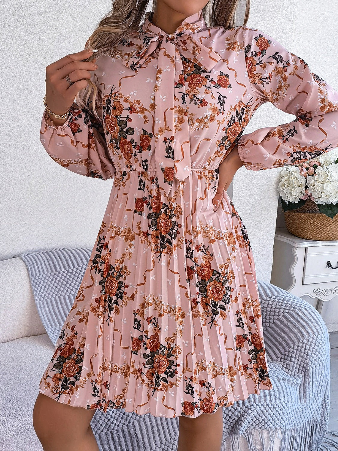 Pleated Printed Tie Neck Long Sleeve Dress | Casual Mini A-Line Floral Dress