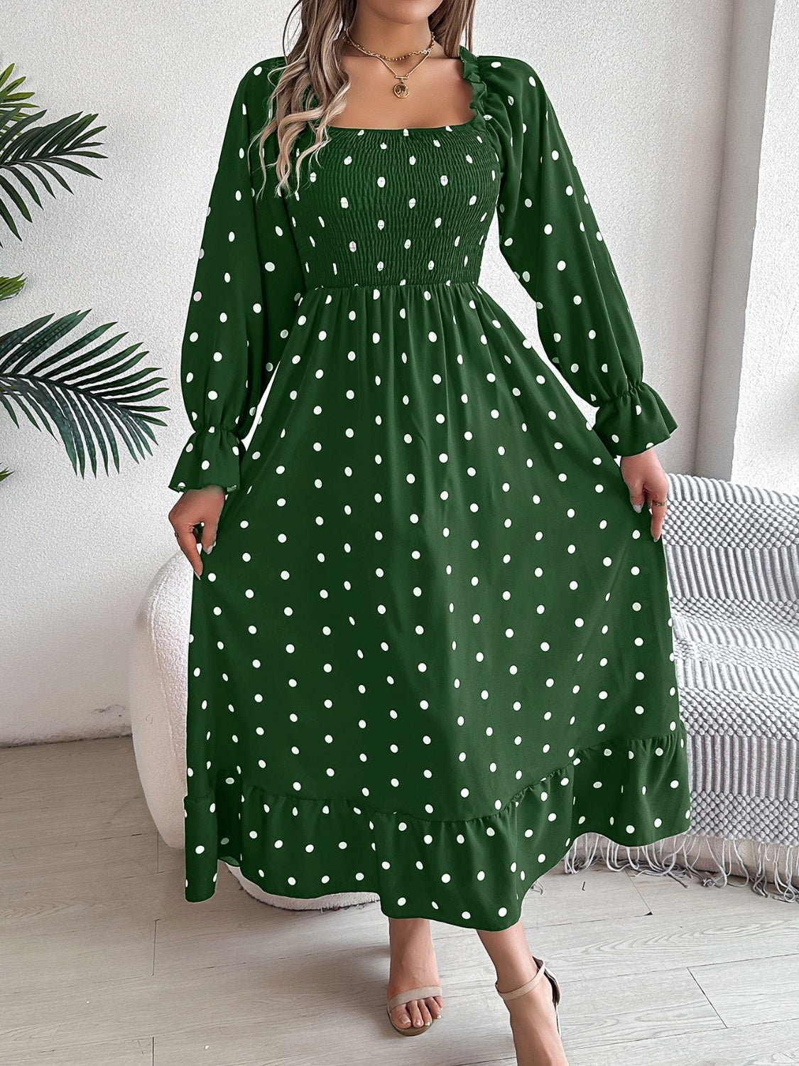 Polka Dot Flounce Sleeve Midi Dress | A-Line Polyester Ruffled Smocked Dress