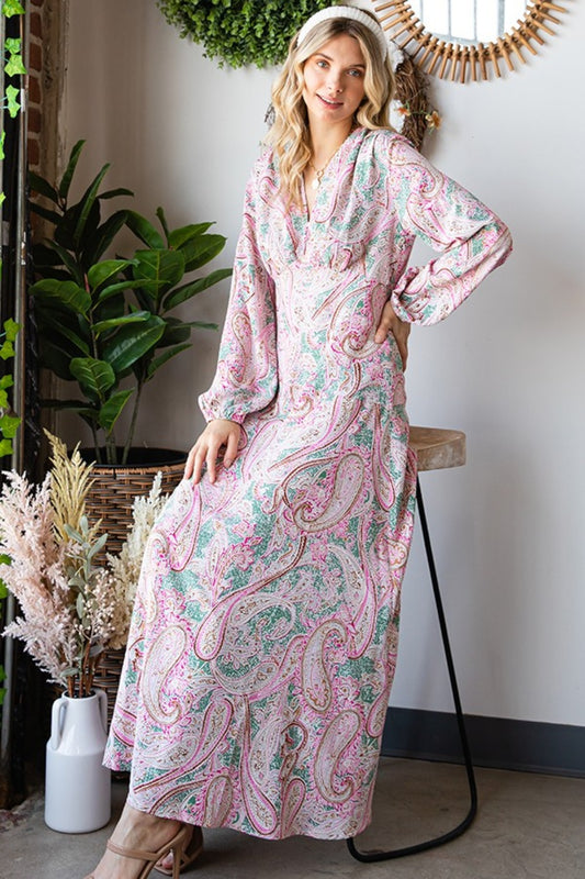 First Love Paisley Print Tie-Back Long Sleeve Maxi Dress | Casual Floral Dress