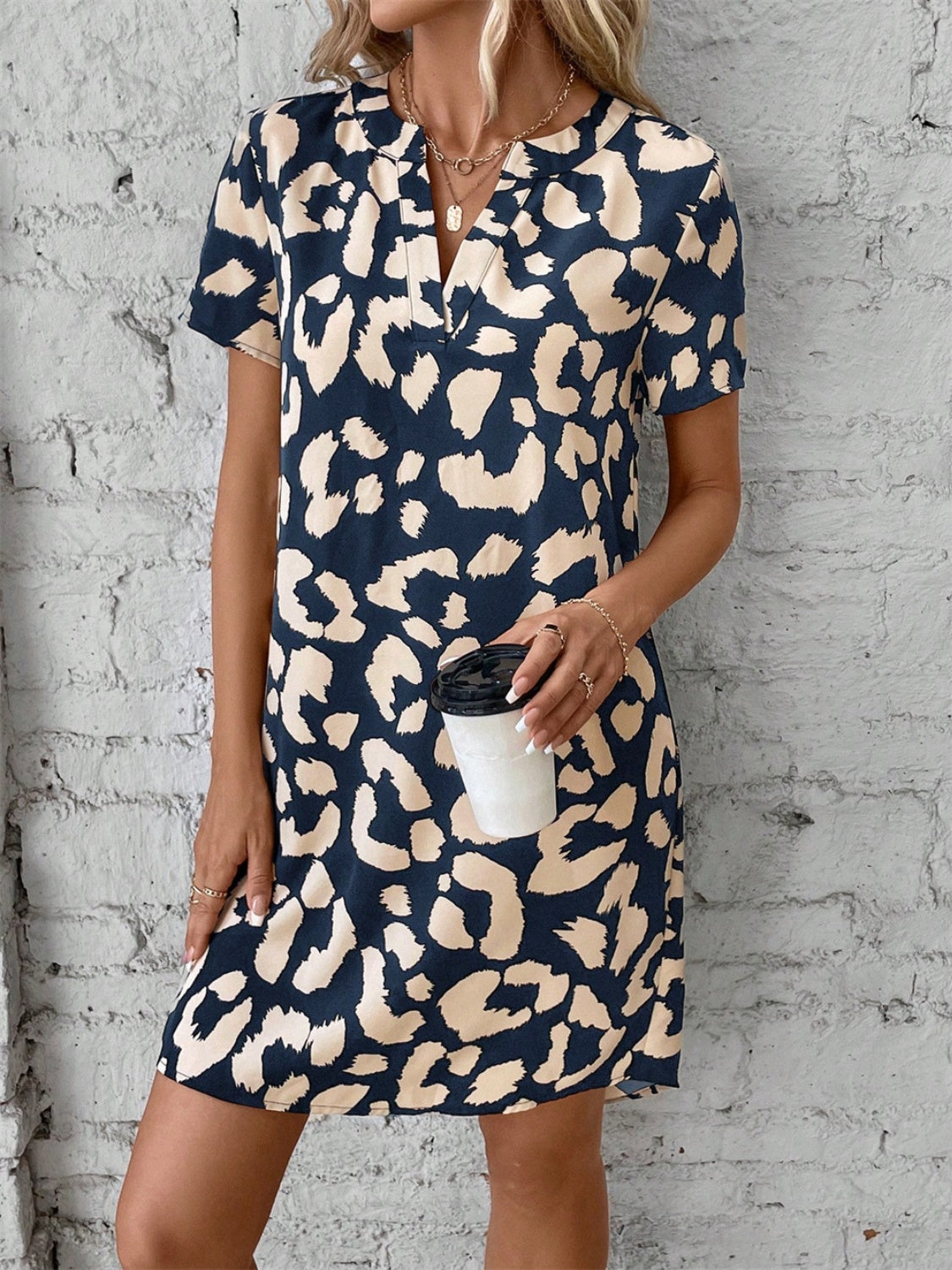 Printed Notched Short Sleeve Mini Dress | A-line Casual Polyester Dress