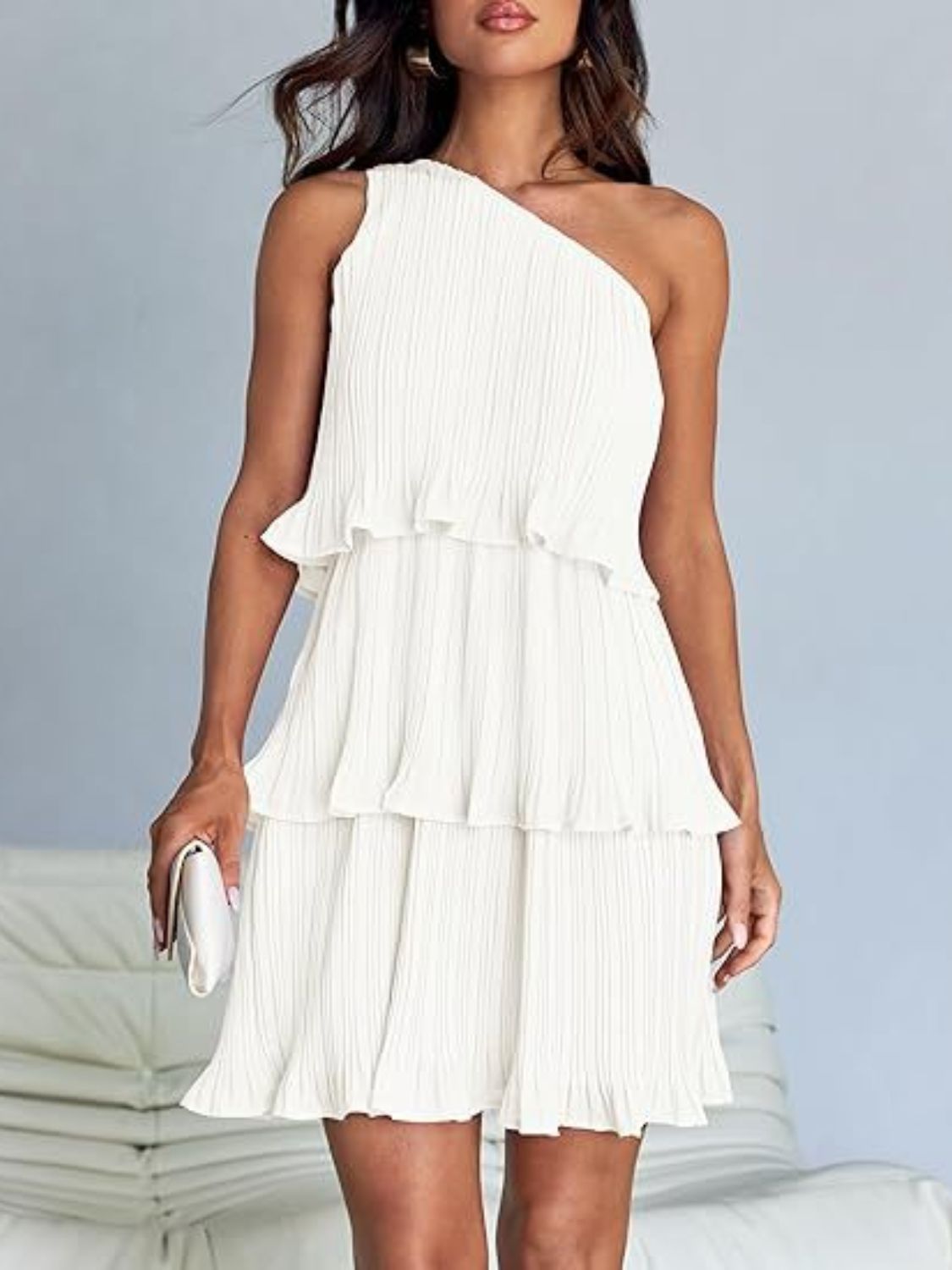 Layered Single Shoulder Mini Dress | Mini Sleeveless Dress W/ Asymmetrical neck