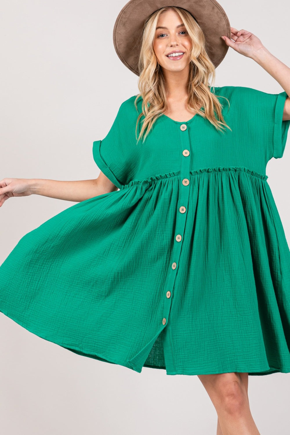 SAGE + FIG Full Size Button Up Short Sleeve Dress | Casual A-Line Ruched Dress