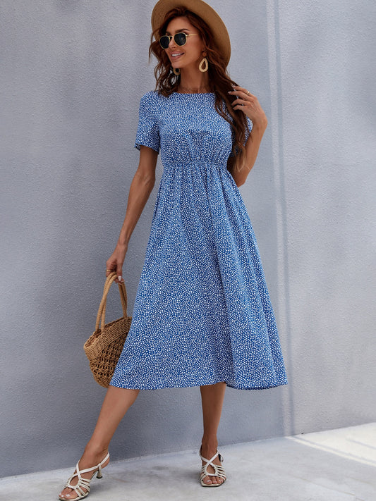 Printed Round Neck Short Sleeve Midi Dress | Casual A-Line Midi Polyester Dress