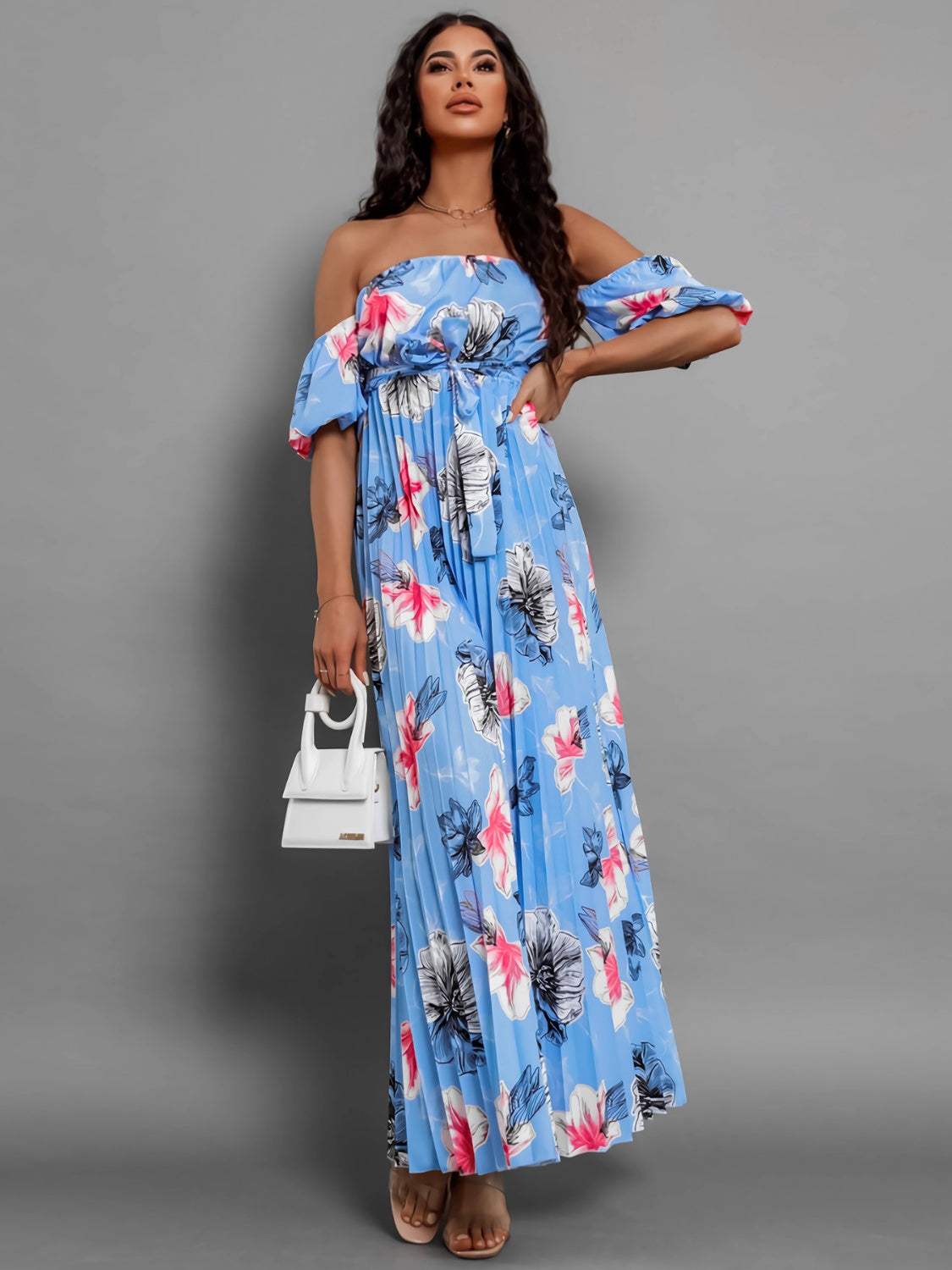 Pleated Floral Off-Shoulder Short Sleeve Midi Dress | A-Line Pleated Dress